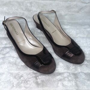 Bruno Magli Slingback Wedge Heels Womens 8.5 Brown Suede Patent Leather WG1775